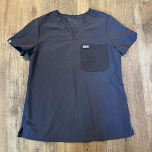 FIGS Catarina Contrast One-Pocket Scrub TopCharcoal Short Sleeve V Neck Small